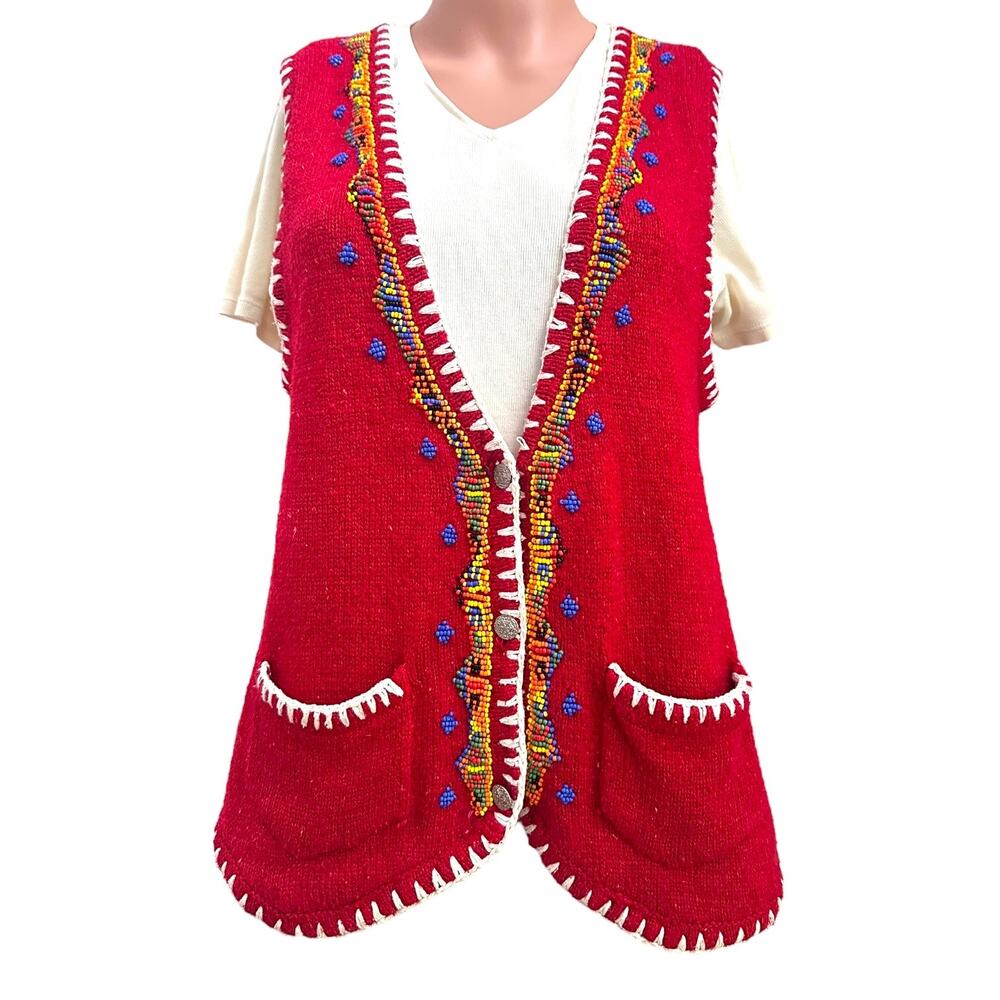Ivy Wear Red Sweater Vest Medium Beaded Handcrafted Boho Folk Art Pockets Silk